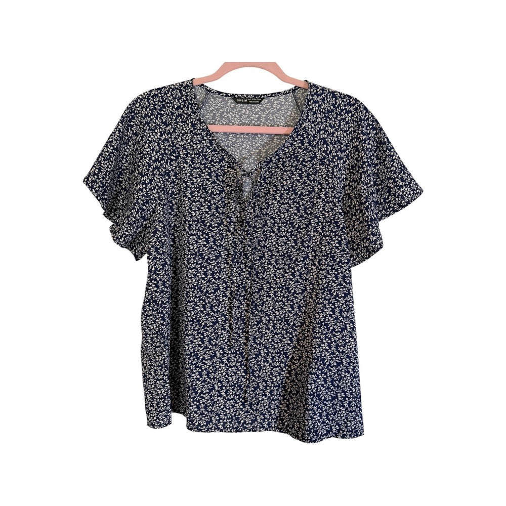 SHEIN Blouse Women L Blue Floral Lace Up Flutter‎ Sleeve Rayon Casual Top